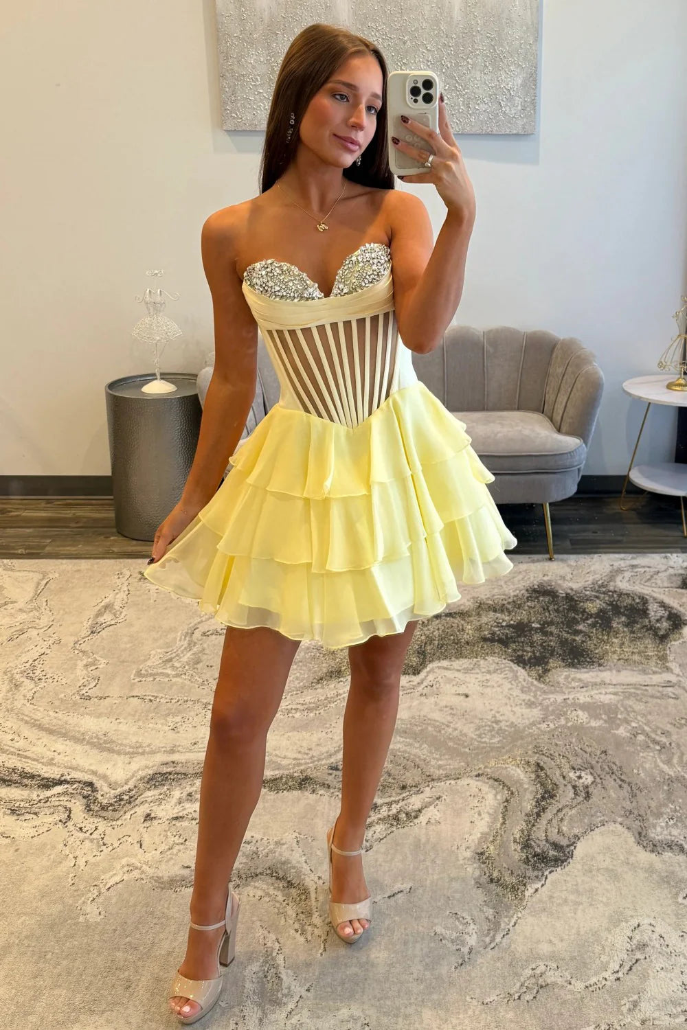 A-Line Sweetheart Strapless Chiffon Short Beaded Corset Homecoming Dress