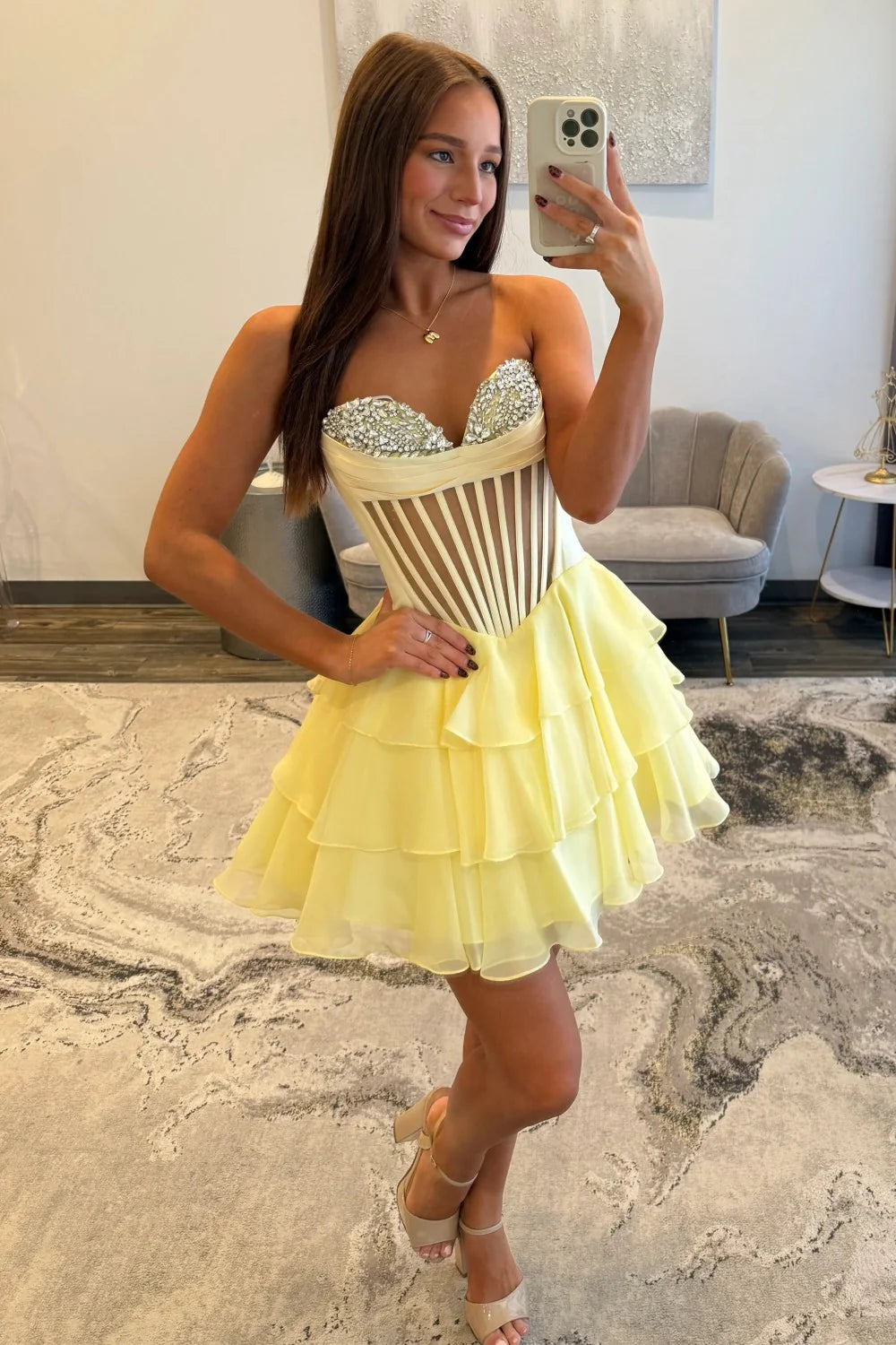 A-Line Sweetheart Strapless Chiffon Short Beaded Corset Homecoming Dress
