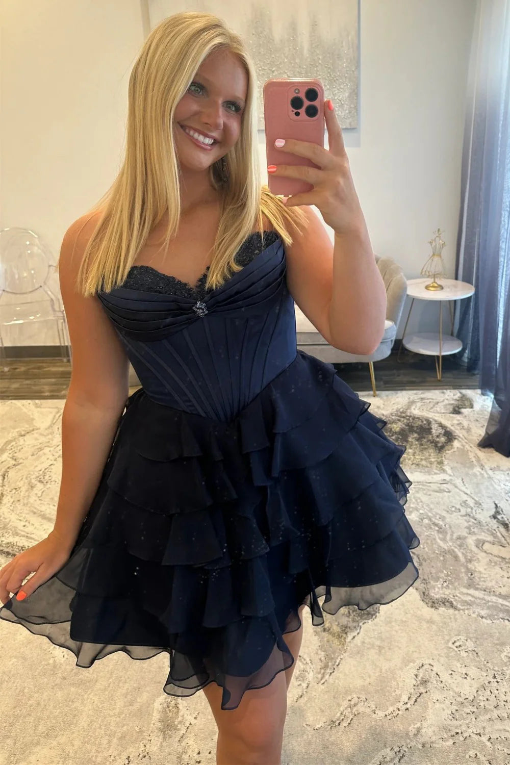 A-Line Sweetheart Strapless Chiffon Tiered Corset Homecoming Dress