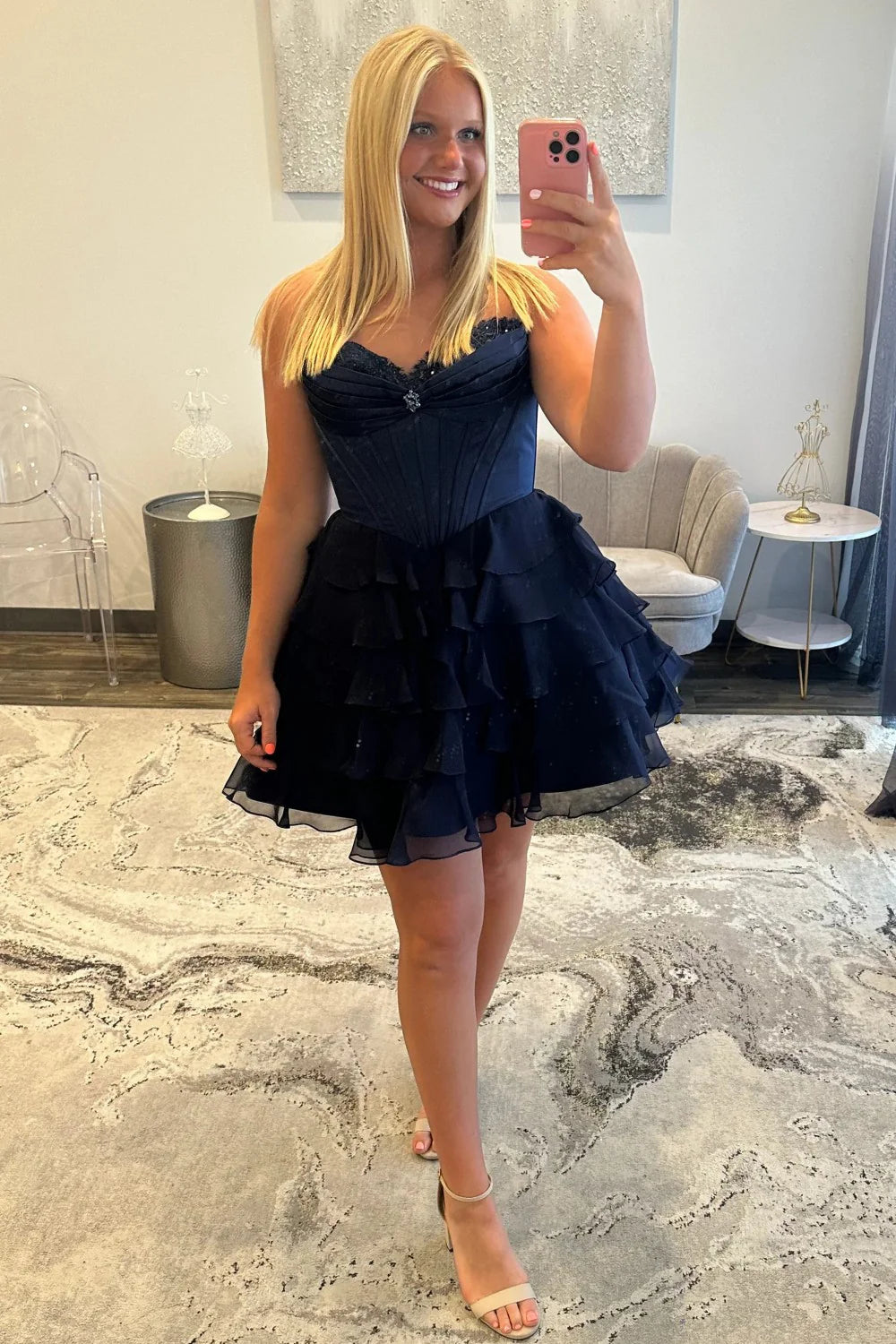 A-Line Sweetheart Strapless Chiffon Tiered Corset Homecoming Dress