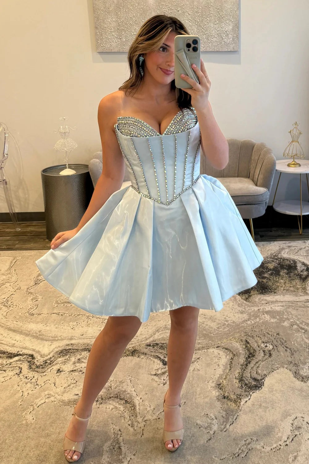 A-Line Sweetheart Strapless Satin Short Crystal Homecoming Dress With Bow