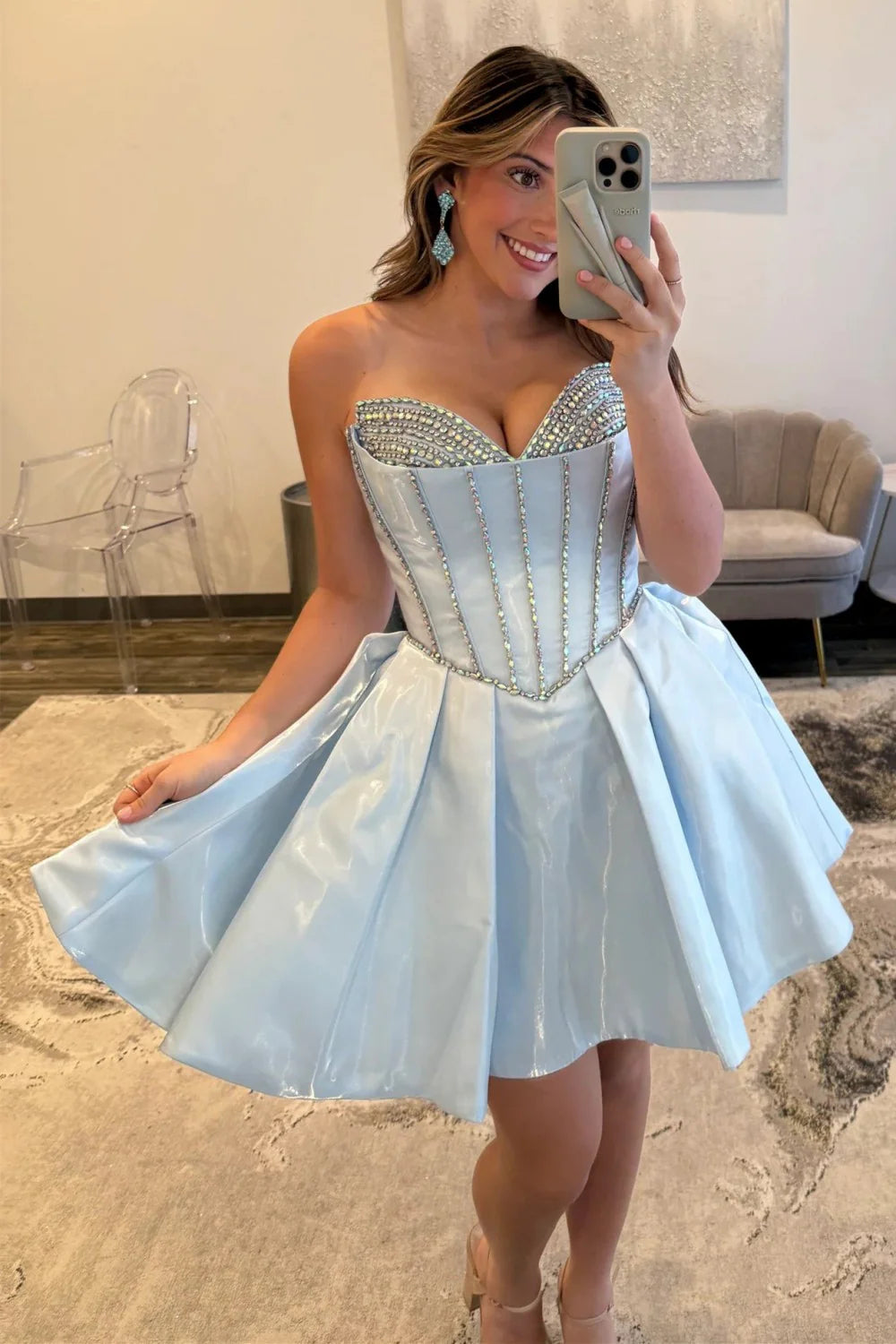A-Line Sweetheart Strapless Satin Short Crystal Homecoming Dress With Bow