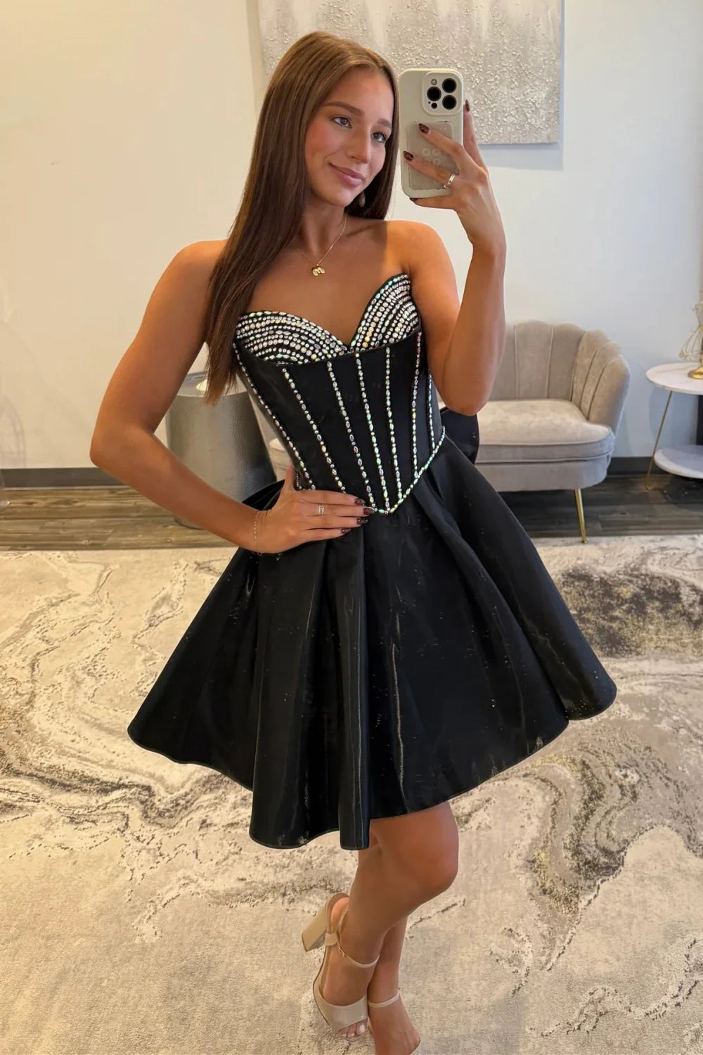 A-Line Sweetheart Strapless Satin Short Crystal Homecoming Dress With Bow