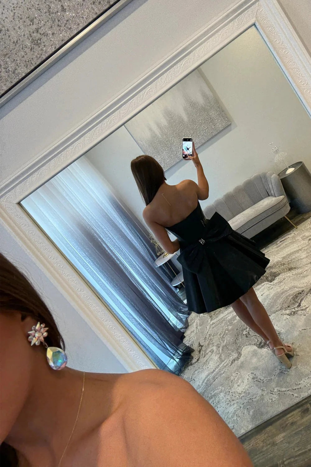 A-Line Sweetheart Strapless Satin Short Crystal Homecoming Dress With Bow