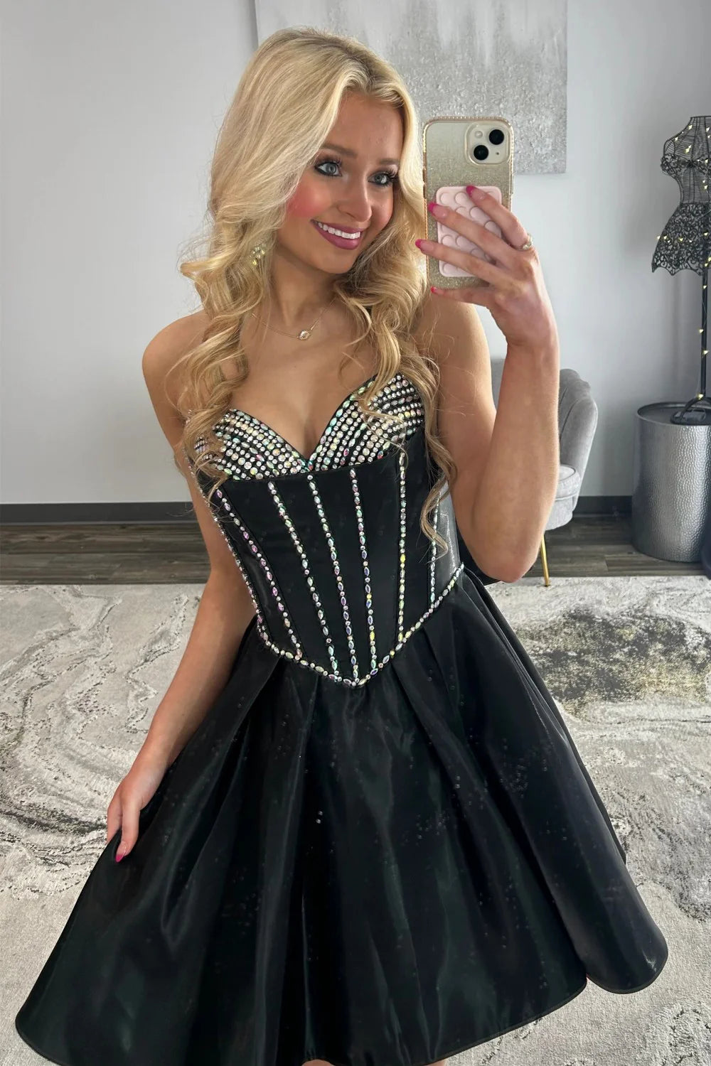 A-Line Sweetheart Strapless Satin Short Crystal Homecoming Dress With Bow