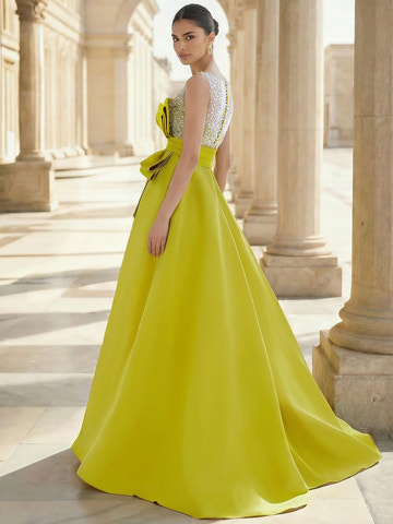 A-Line Formal Sequin Evening Dresses Deep V-Neck Elegant Formal Gown with Bowknot