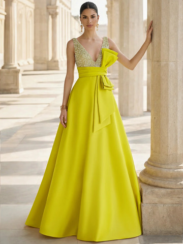 A-Line Formal Sequin Evening Dresses Deep V-Neck Elegant Formal Gown with Bowknot