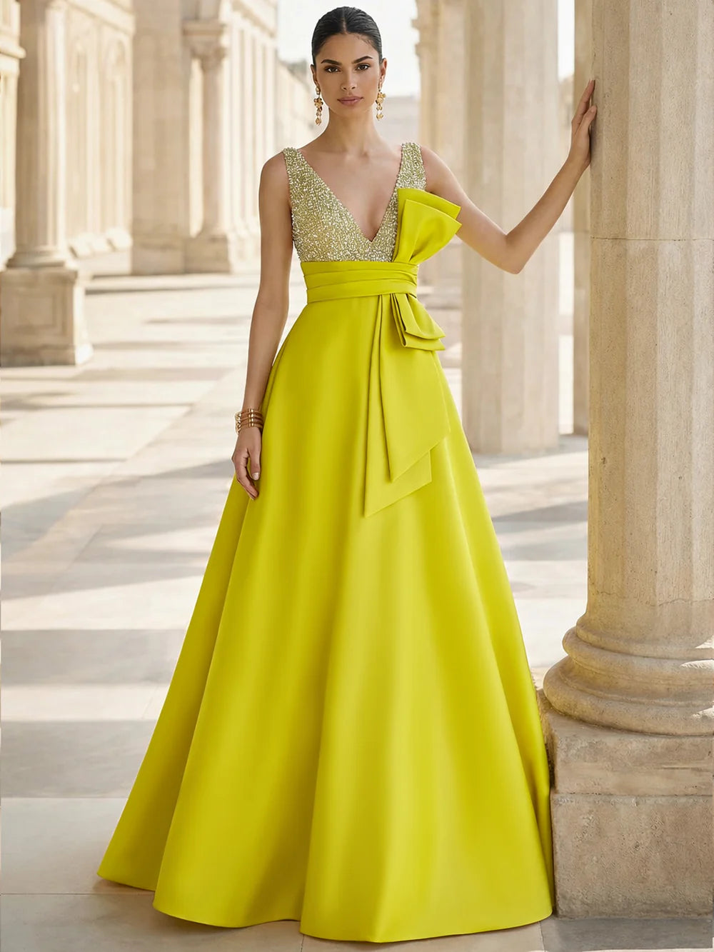 A-Line Formal Sequin Evening Dresses Deep V-Neck Elegant Formal Gown with Bowknot