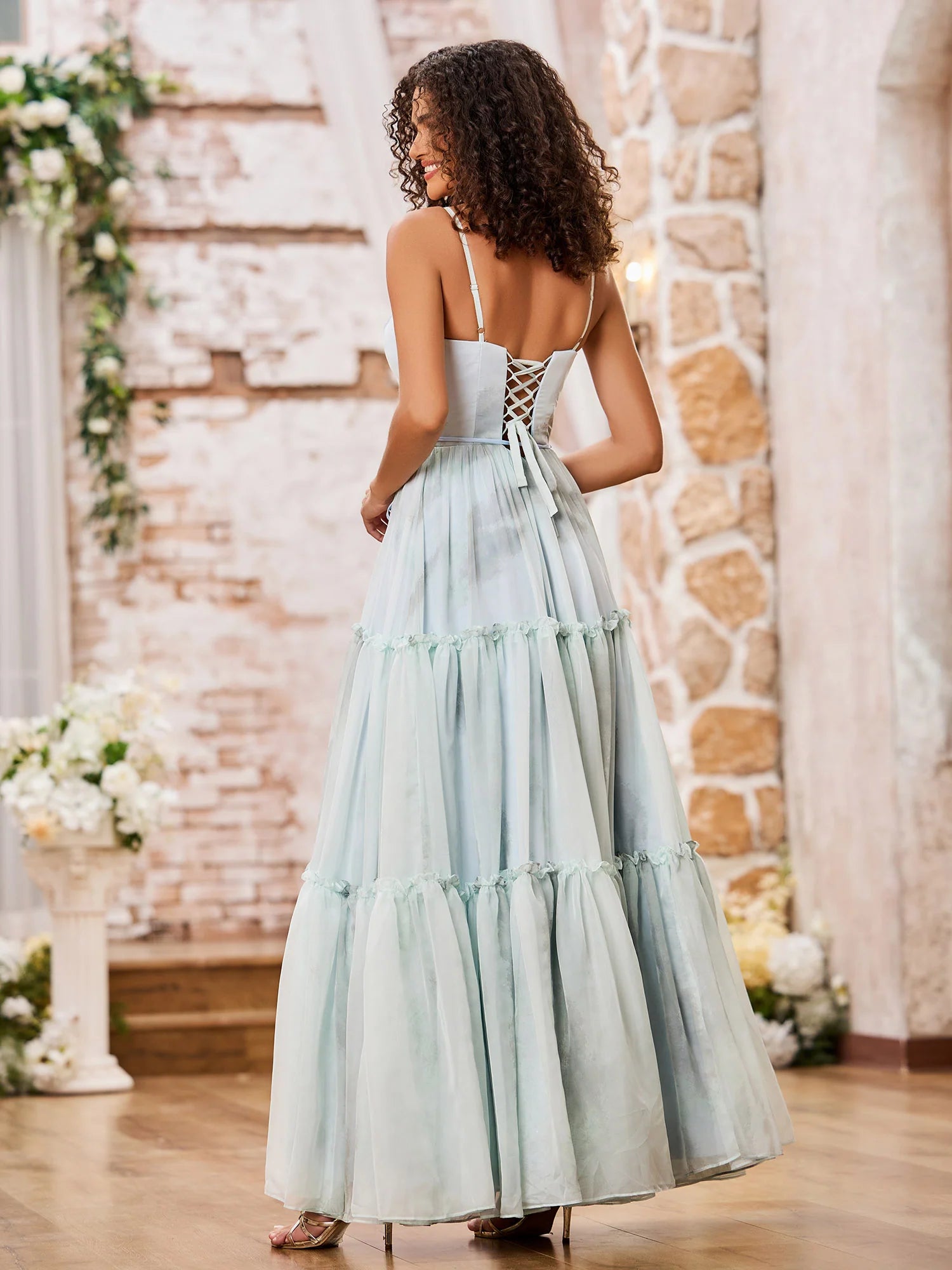 A-Line V-Neck Spaghetti Strap Print Chiffon Tiered Ruffled Lace-Up Bridesmaid Dress