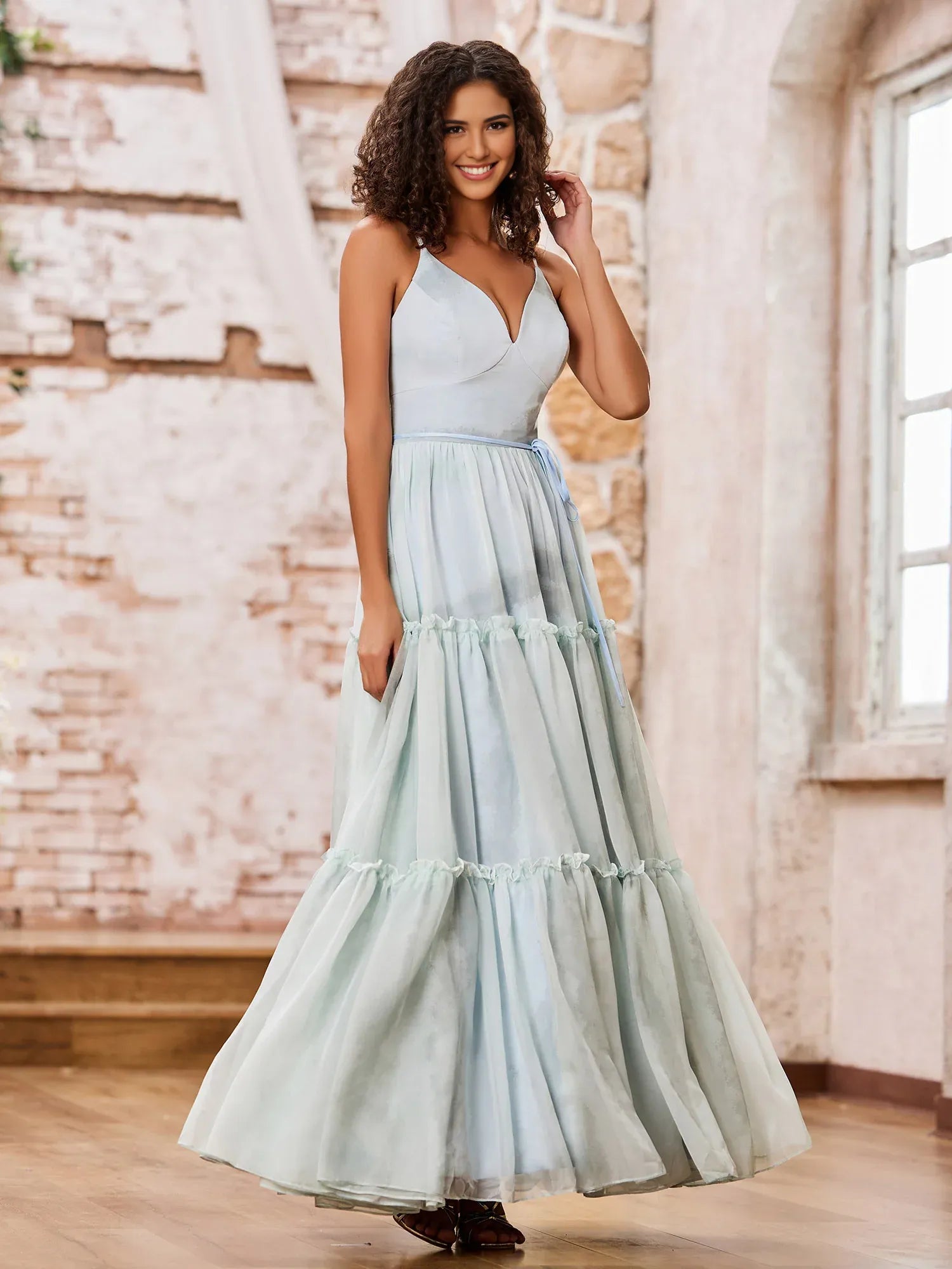 A-Line V-Neck Spaghetti Strap Print Chiffon Tiered Ruffled Lace-Up Bridesmaid Dress