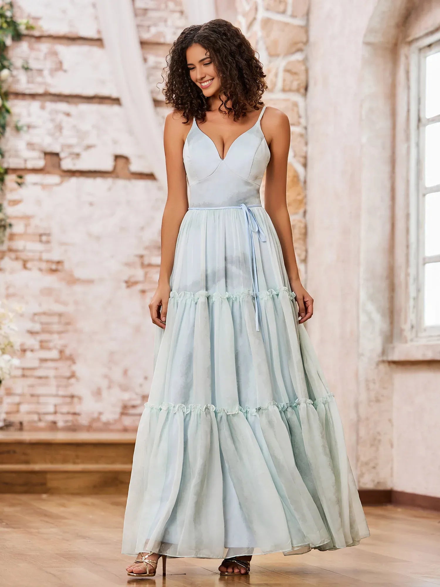 A-Line V-Neck Spaghetti Strap Print Chiffon Tiered Ruffled Lace-Up Bridesmaid Dress