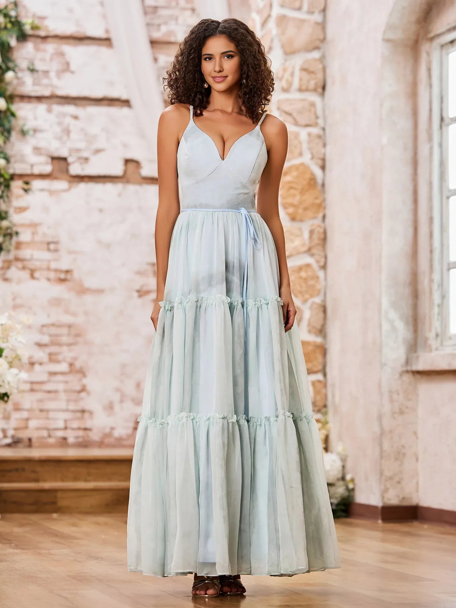 A-Line V-Neck Spaghetti Strap Print Chiffon Tiered Ruffled Lace-Up Bridesmaid Dress