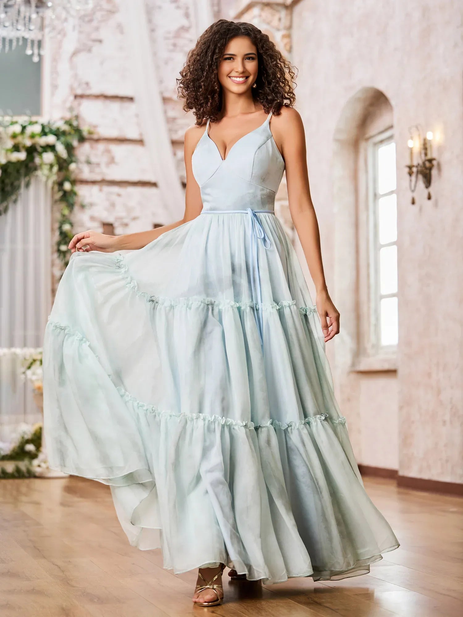 A-Line V-Neck Spaghetti Strap Print Chiffon Tiered Ruffled Lace-Up Bridesmaid Dress