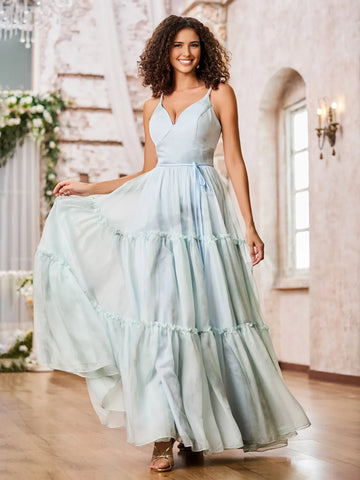 A-Line V-Neck Spaghetti Strap Print Chiffon Tiered Ruffled Lace-Up Bridesmaid Dress