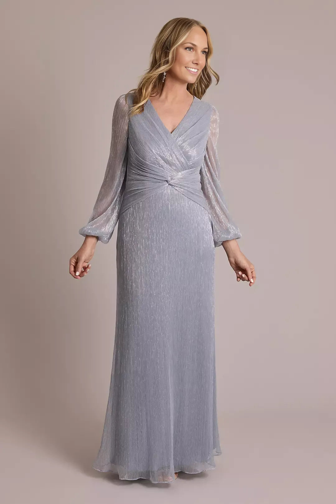A-line V-Neck Twist Waist Long Sleeve Shimmer Metallic Gown Mother of the Bride Dress