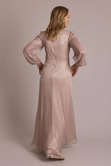 A-line V-Neck Twist Waist Long Sleeve Shimmer Metallic Gown Mother of the Bride Dress