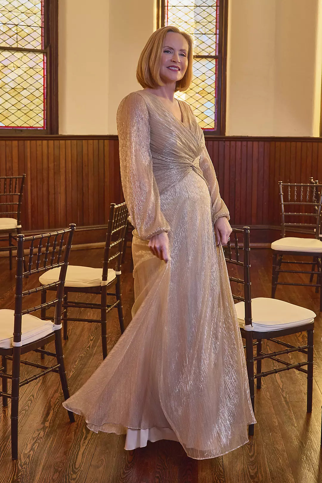 A-line V-Neck Twist Waist Long Sleeve Shimmer Metallic Gown Mother of the Bride Dress