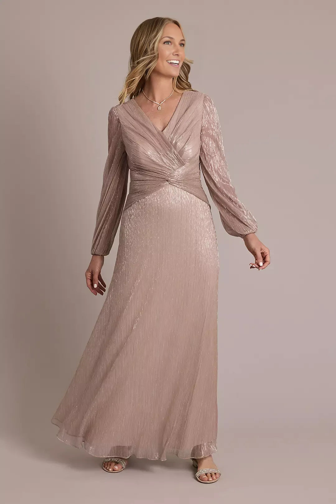A-line V-Neck Twist Waist Long Sleeve Shimmer Metallic Gown Mother of the Bride Dress