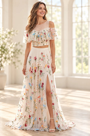 Vedress two-piece floral embroidered tulle prom dress with an illusion neckline, cold-shoulder flutter sleeves and a high slit, front view