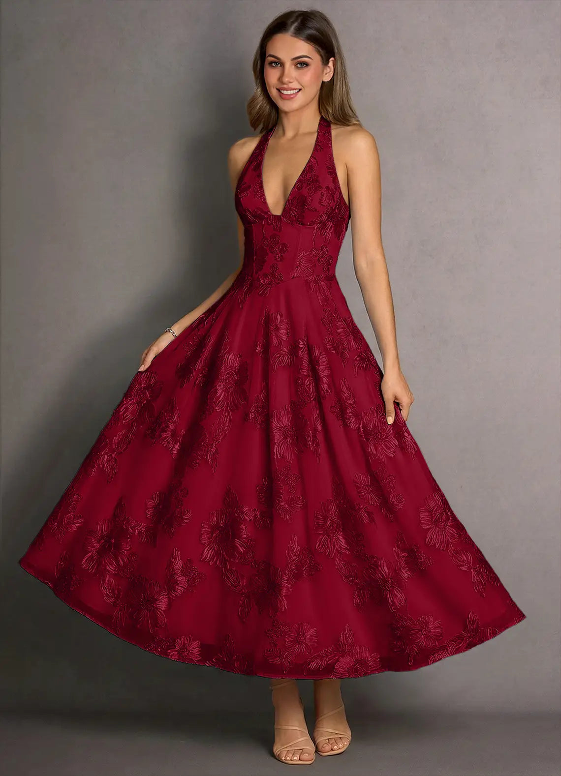 Romantic A-line Halter Sleeveless Lace Midi Lace-up Back Wedding Guest Dress