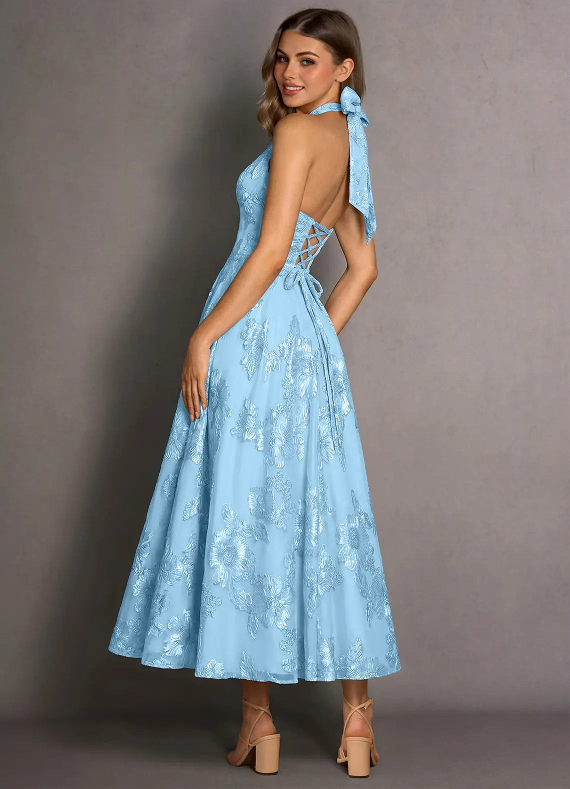 Romantic A-line Halter Sleeveless Lace Midi Lace-up Back Wedding Guest Dress