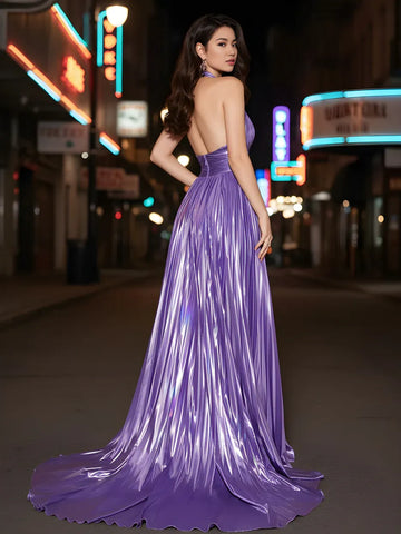 Elegant A-line Shimmer Halter Backless Pleated Evening Gown with High Slit