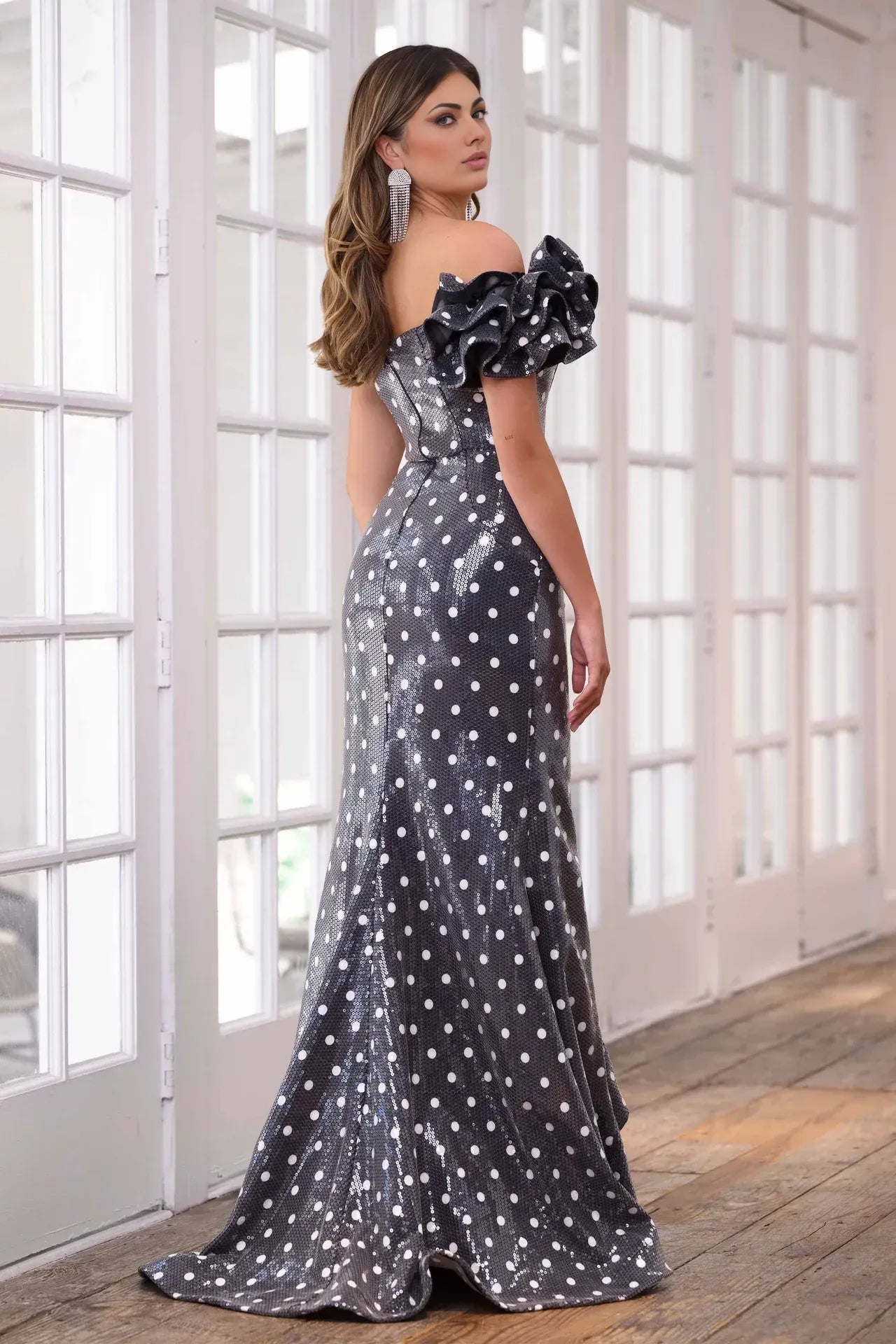Asymmetrical Straight Neckline One-Shoulder Sequin Polka Dot Ruffle Evening Dress With Slit