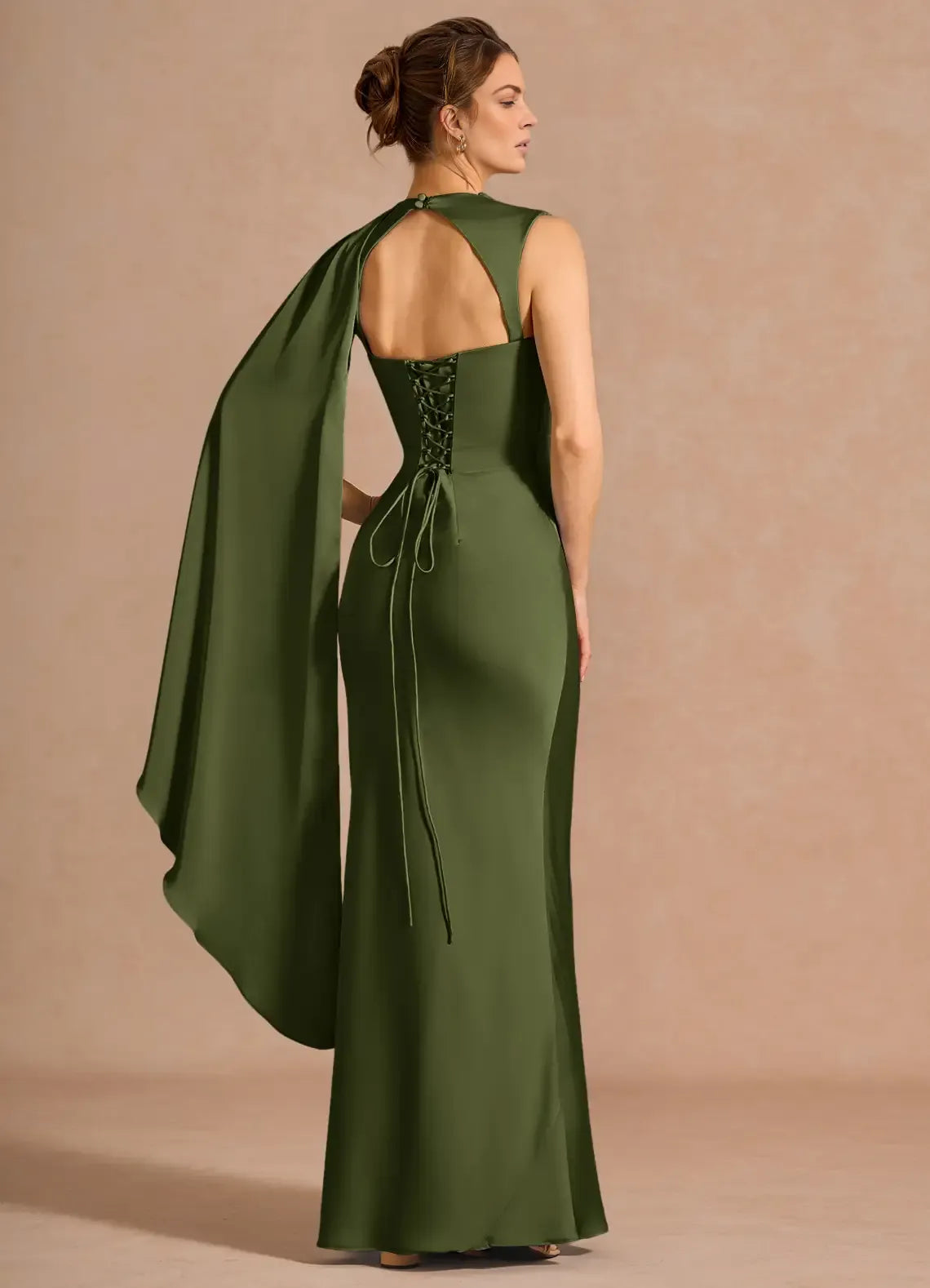 Luxury Mermaid Highneck Sleeveless Satin Maxi Cape Lace-up Formal Evening Dress