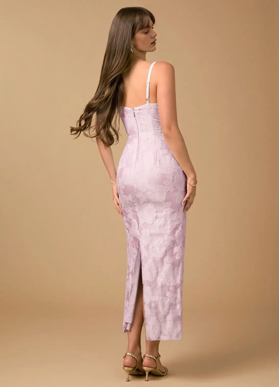 Sleek Sheath Mermaid Spaghetti Strap Jacquard Midi Back Slit Formal Evening Dress
