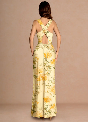 Elegant Mermaid Boat Sleeveless Printed Satin Floor Length Cross Back Ruched Party Dress