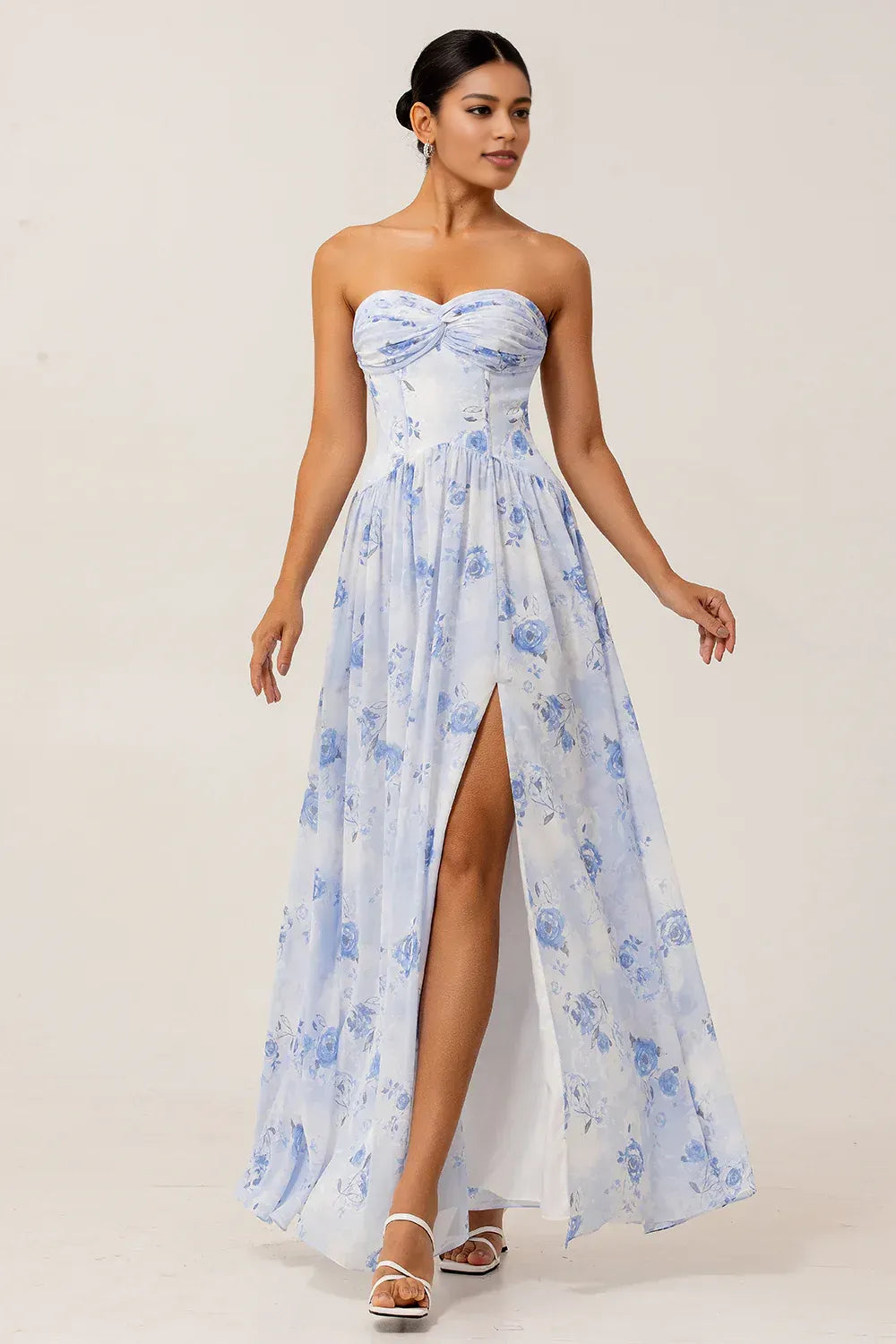 A-Line Sweetheart Neck Floral Sleeveless Floor Length Bridesmaids Dress With Scarf