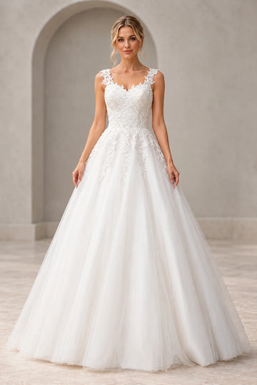 Vedress lace tulle A-line wedding dress with a shallow V-neckline, floral shoulder straps, fitted bodice and full floor-length skirt.