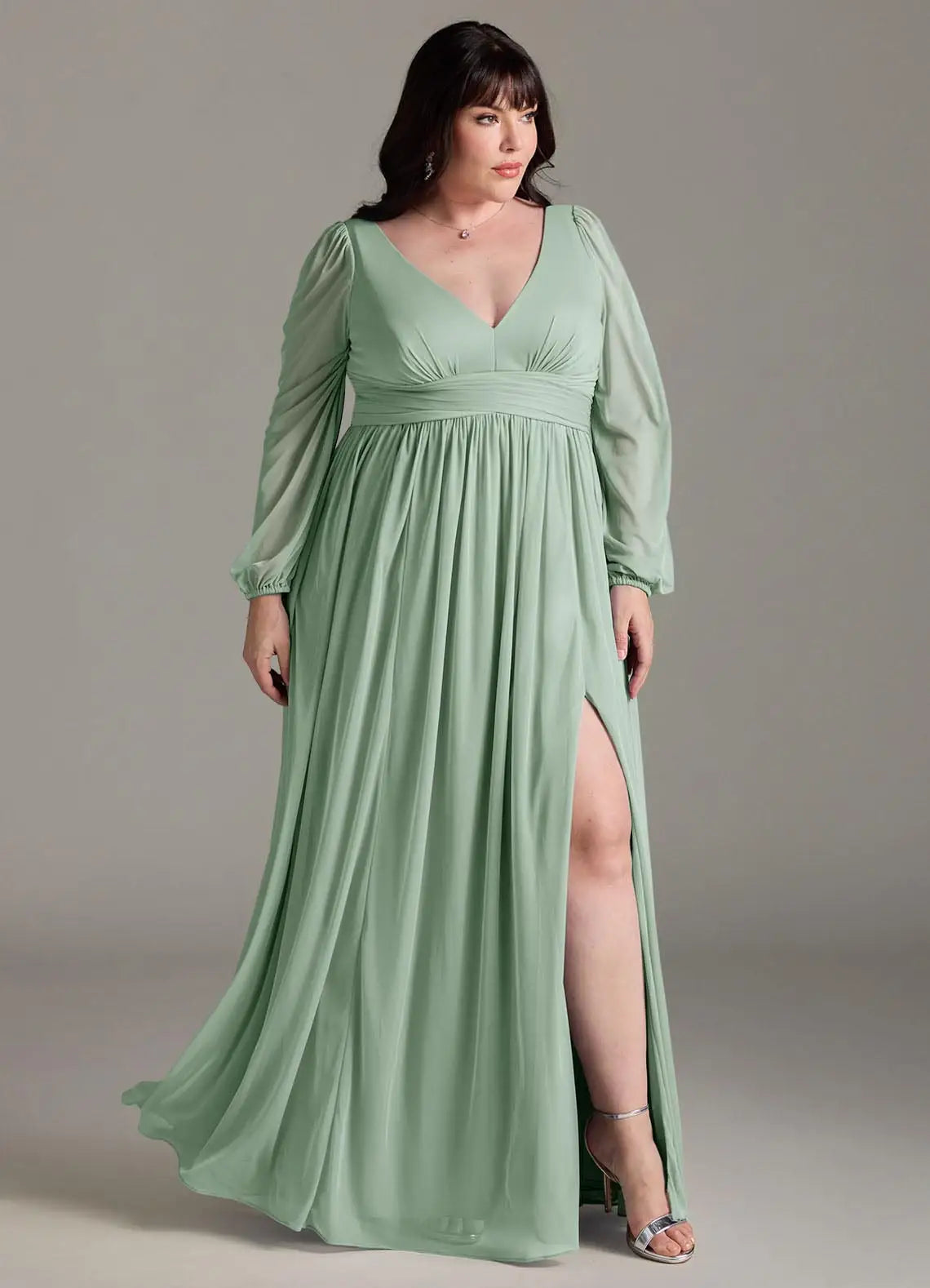 A-Line/Princess Chiffon Plunging Neck Long Sleeves Bridesmaid Dresses Wedding Guest Dresses With Slit