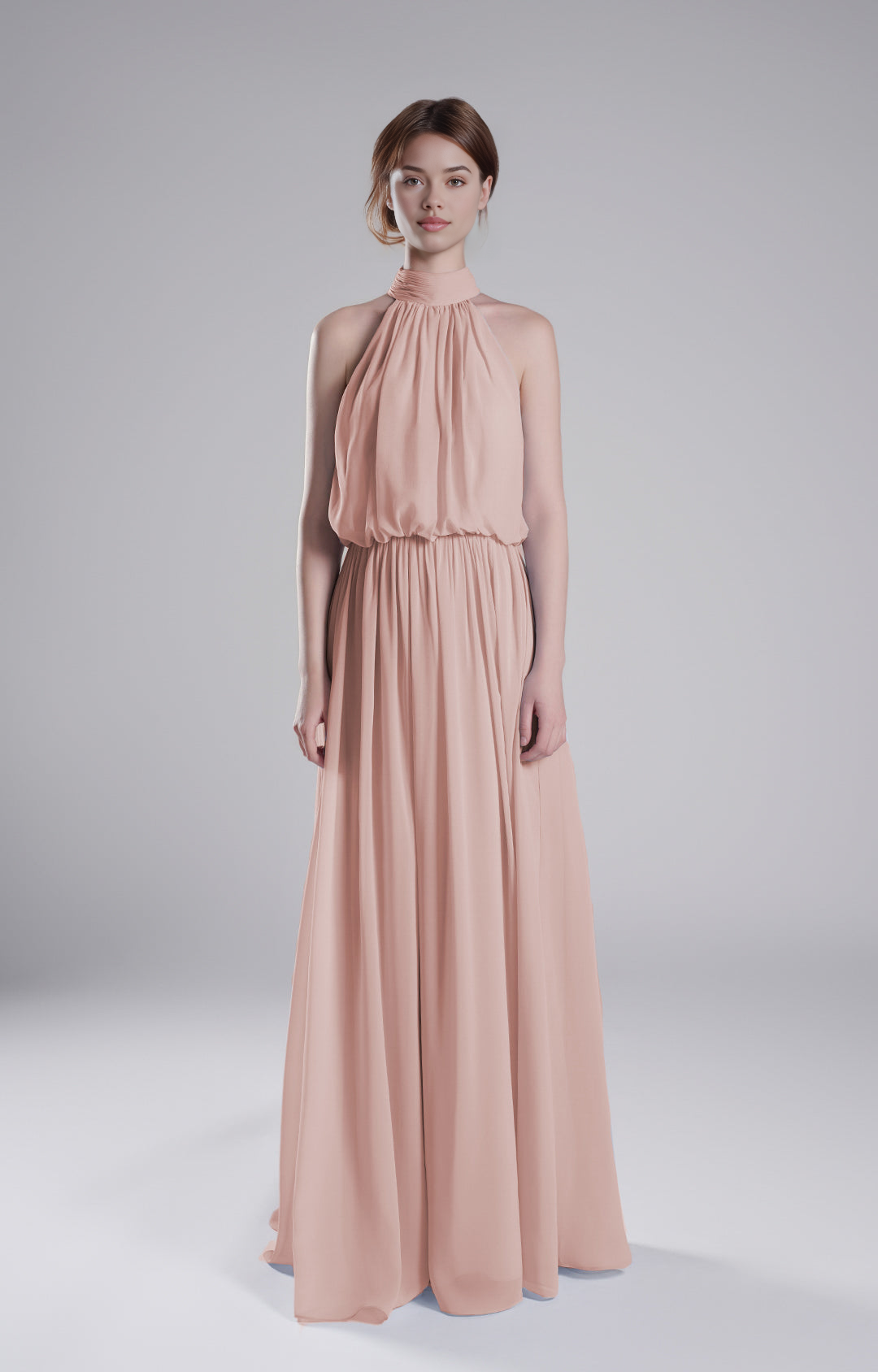 Elegant Halter Neck Pleated Flowing A-Line Sleeveless Open Back Floor-Length Bridesmaid Dresses