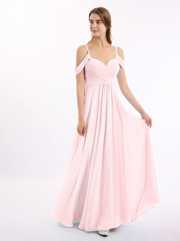 Off Shoulder Spaghetti Strap Sweetheart Ruched Chiffon Bridesmaid Maxi Dress