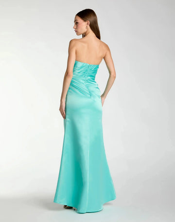 Aqua blue strapless prom dress with gathered waist center zipper back and floor length skirt