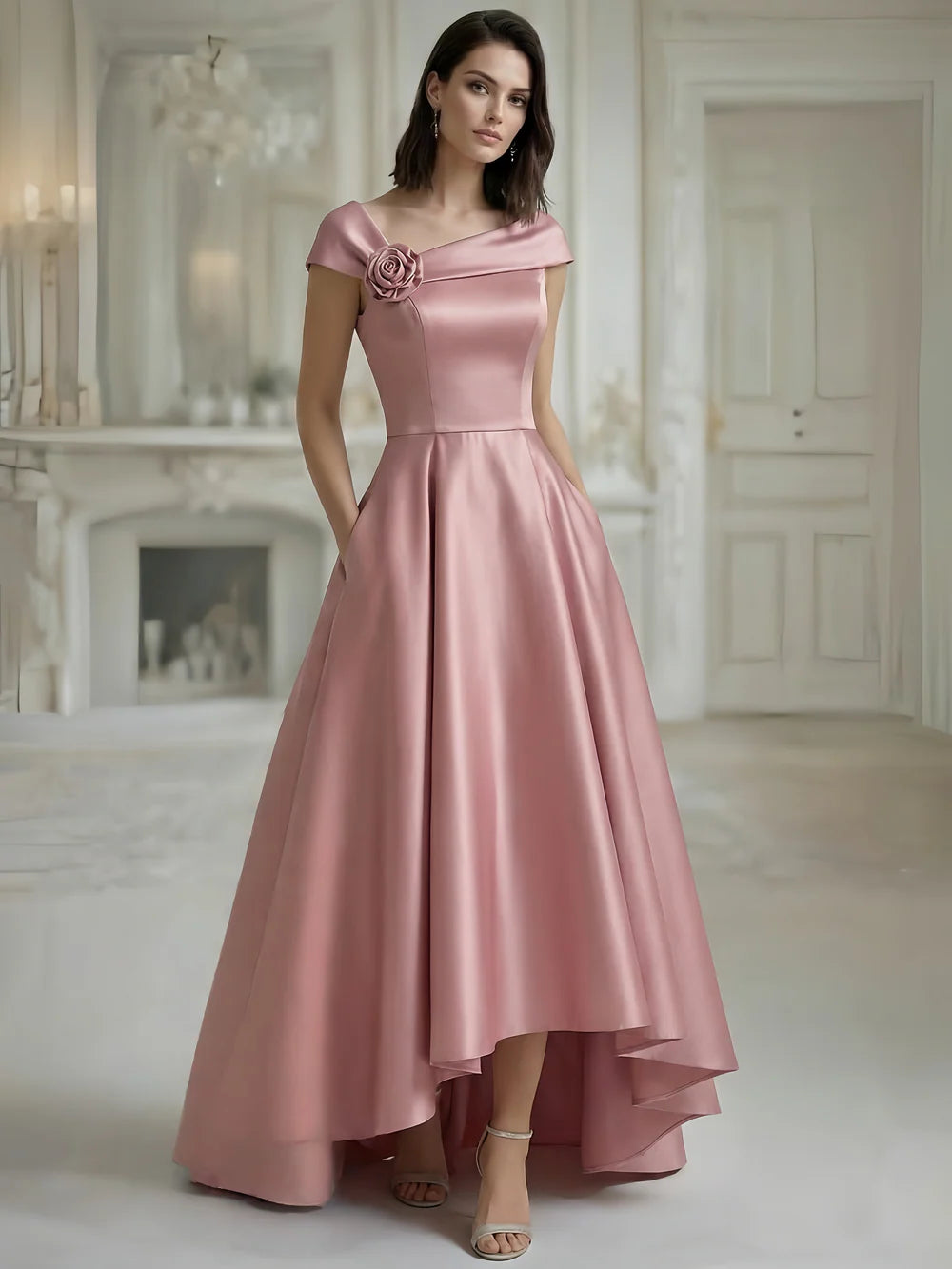 Elegant A-Line Satin Asymmetrical Cocktail Dress Evening Dresses With Pocket