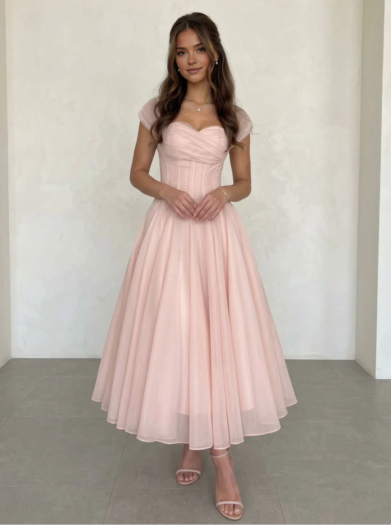 Elegant Chiffon A-Line Sweetheart Cap Sleeve Midi Wedding Dress Cocktail Dresses Tea-Length Graduation Dress