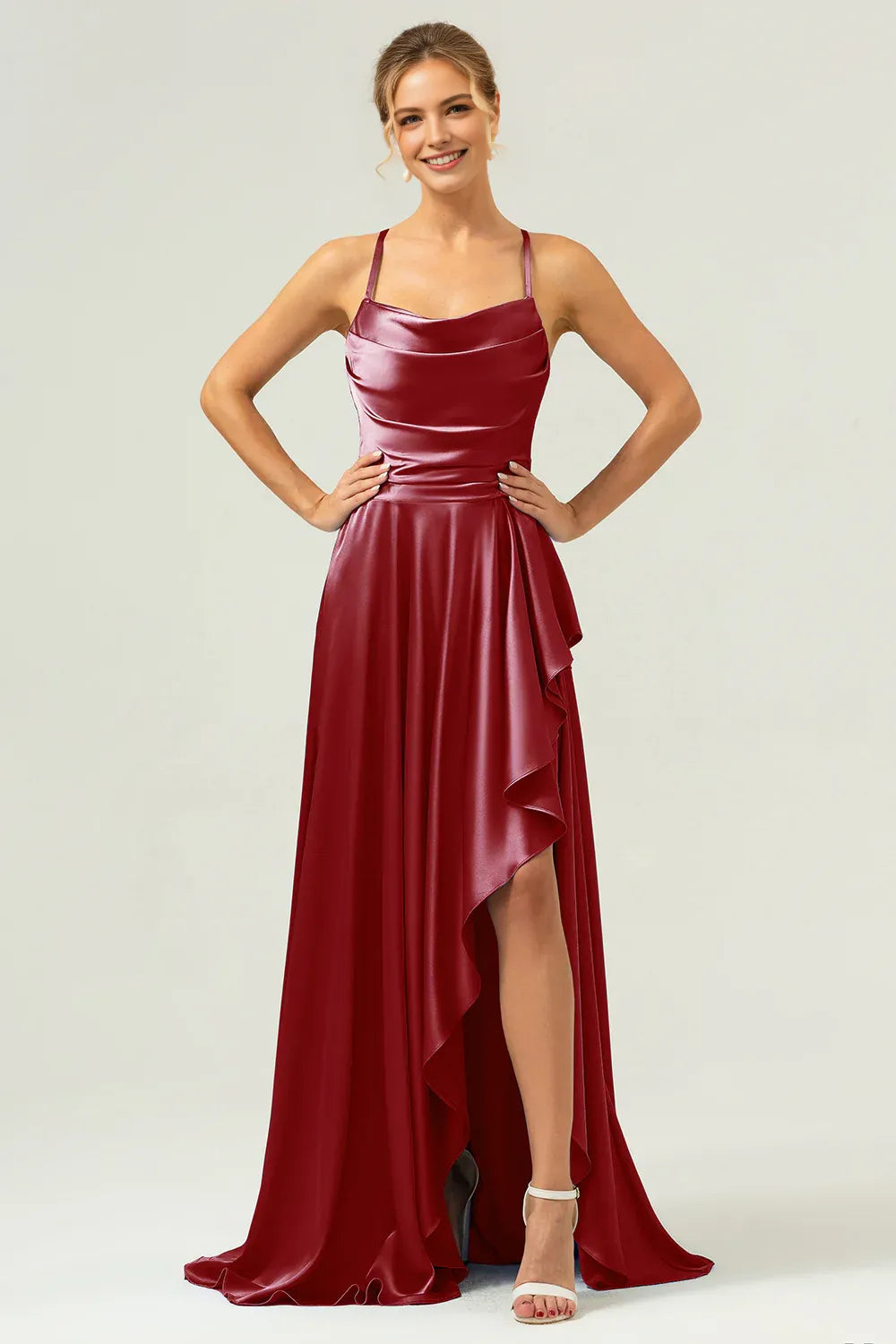 Graceful A-Line Cowl Neck Sleeveless Satin Ruffle Wedding Guest Dress High-Slit Evening Gown
