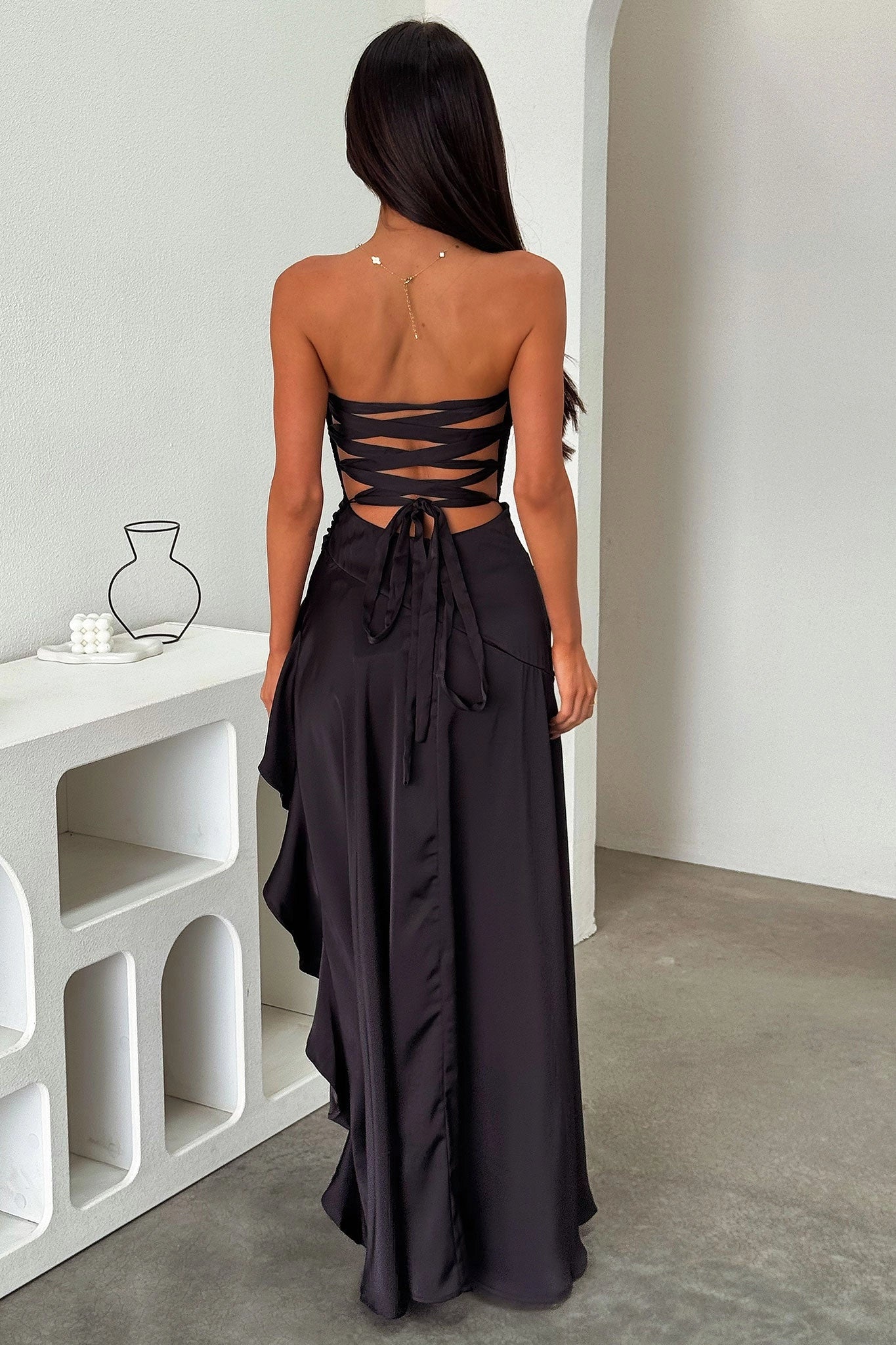 Chic A‑Line Strapless Tube Lace‑Up‑Back High‑Slit Asymmetrical Bridesmaid Prom Dress