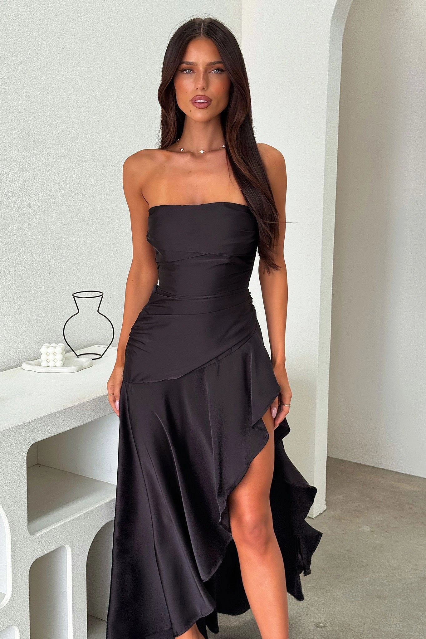 Chic A‑Line Strapless Tube Lace‑Up‑Back High‑Slit Asymmetrical Bridesmaid Prom Dress
