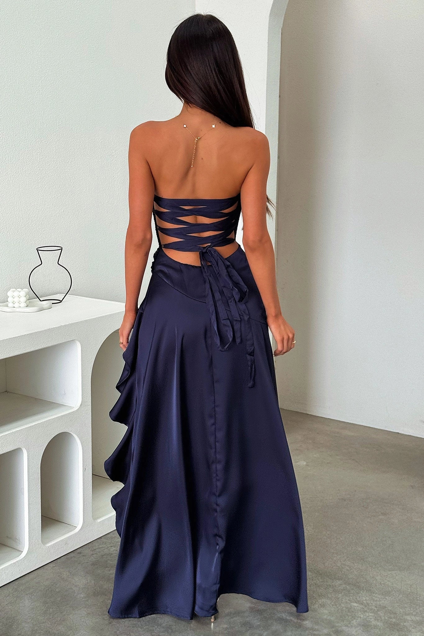 Chic A‑Line Strapless Tube Lace‑Up‑Back High‑Slit Asymmetrical Bridesmaid Prom Dress