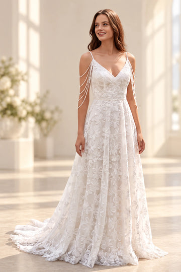 Vedress floral lace A-line wedding dress with a V-neck, spaghetti straps and draped pearl-like shoulder strands, front view
