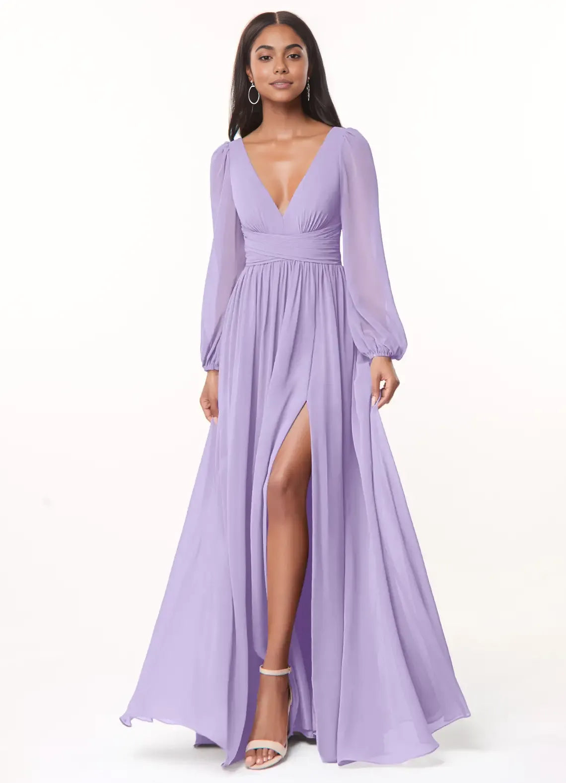 A-Line/Princess Chiffon Plunging Neck Long Sleeves Bridesmaid Dresses Wedding Guest Dresses With Slit