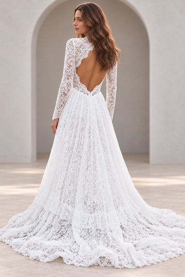 Vedress long sleeve lace wedding dress with a large scalloped back cutout, gathered A-line skirt and sweeping lace train, back view