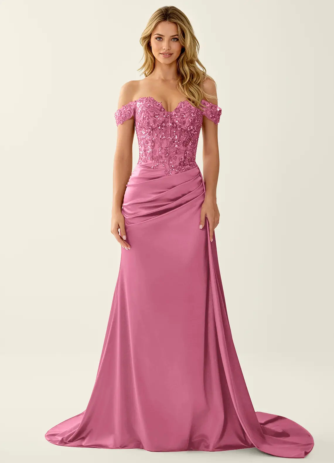 Glamorous Mermaid Sweetheart Off Shoulder Lace Satin Floor Length Prom Dress