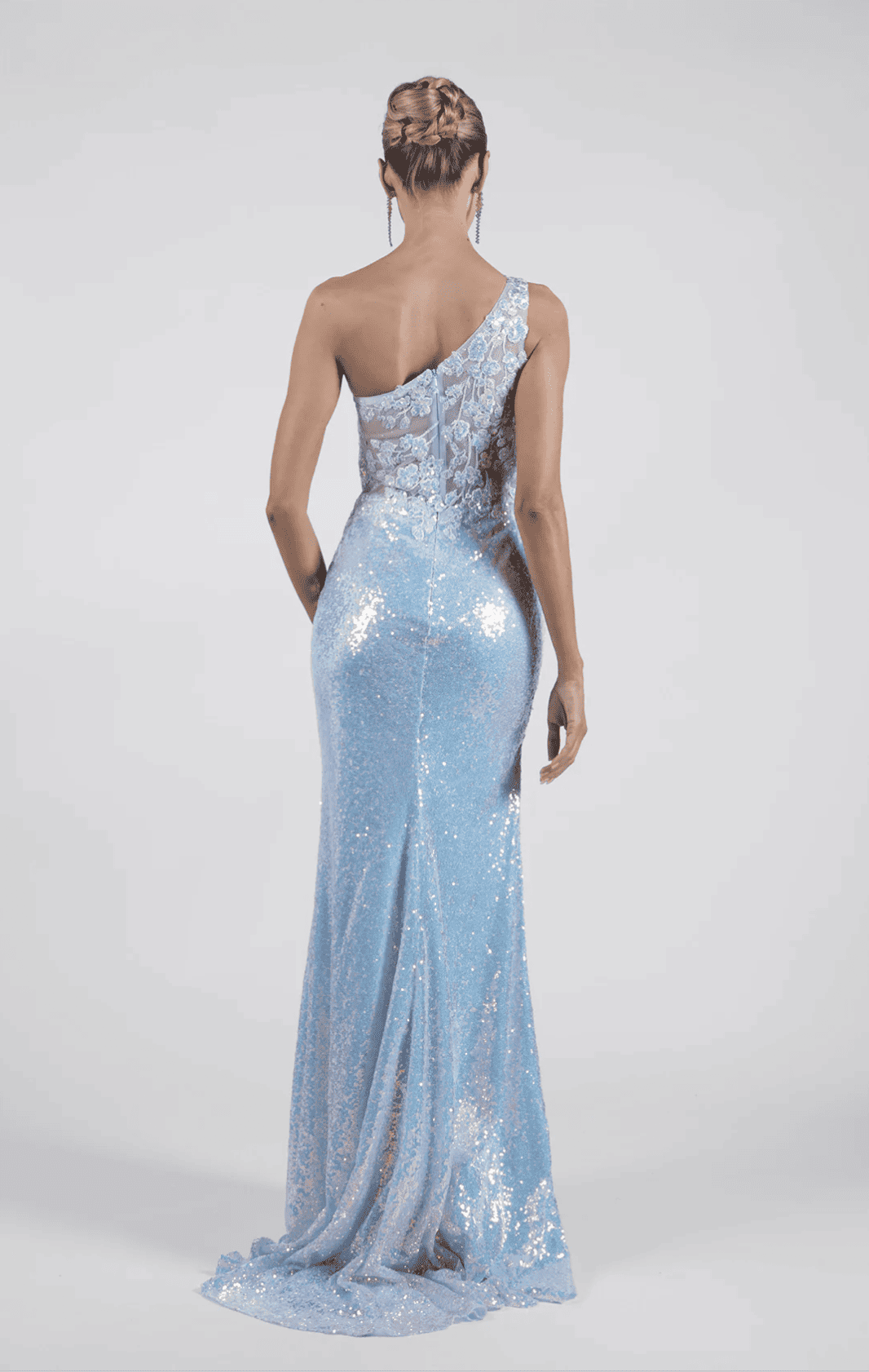 Impresionante vestido de noche largo hasta el suelo con lentejuelas, sirena, un hombro y espalda transparente, elegante para fiesta de graduación