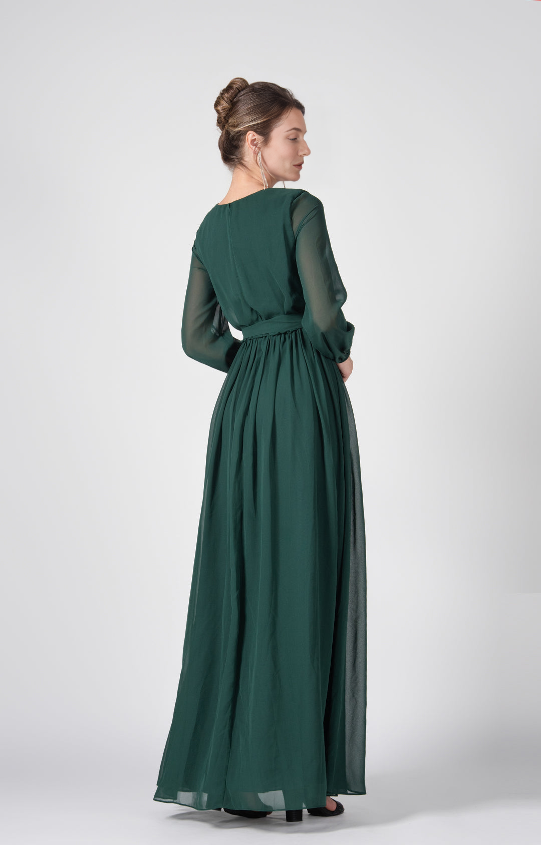Elegant A-Line V-Neck Long Sheer Sleeve Open Back Floor-Length Bridesmaid Wedding Guest Dresses