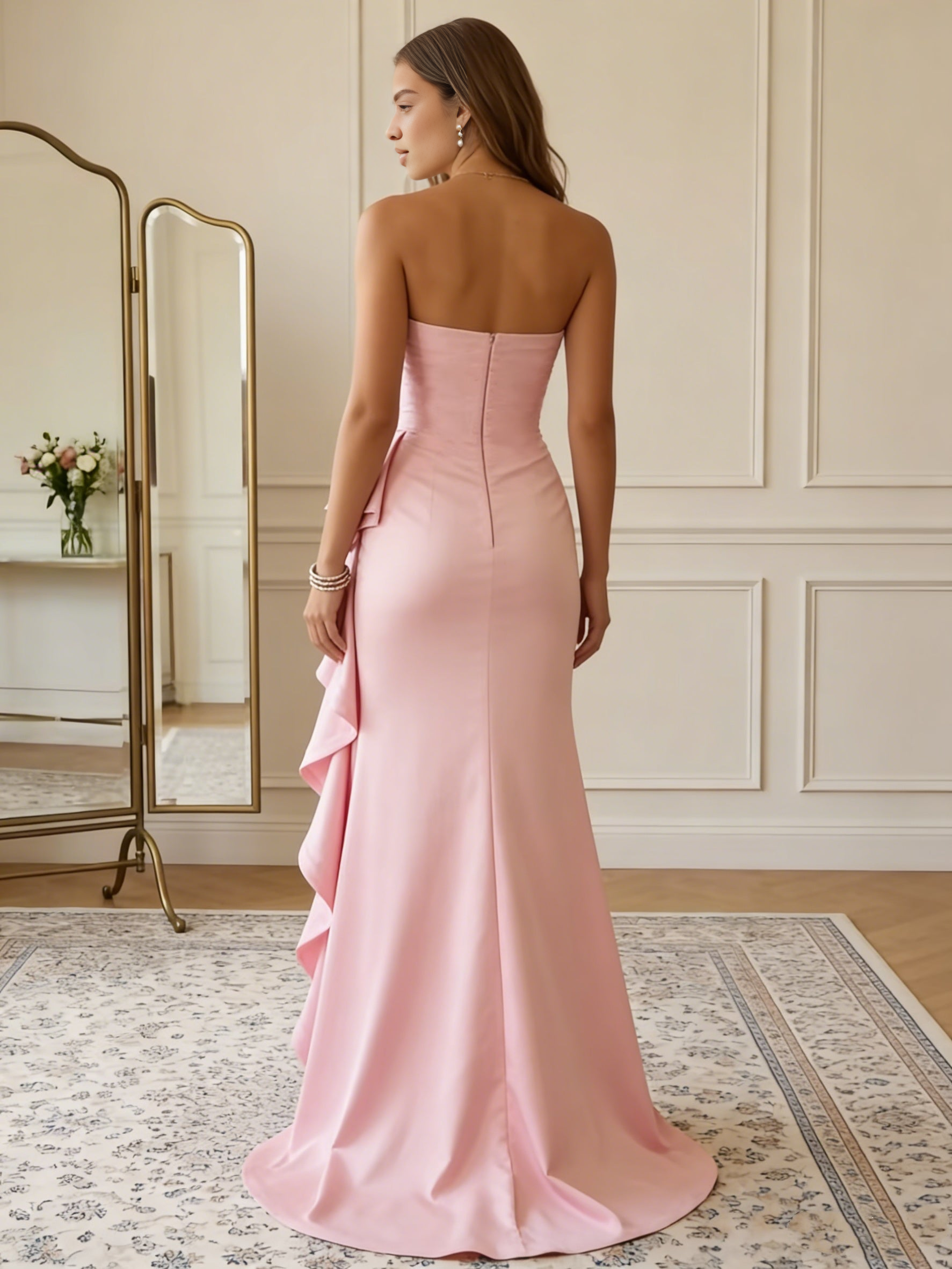 Elegantes Vestidos de Noche Sirena de Satén con Abertura Lateral, Sin Tirantes, Sin Mangas, Espalda Abierta, Largos