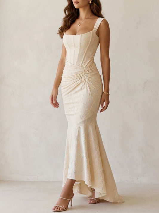 Luxury Textured Mermaid Square Neck Cap Sleeve Ruched Back Maxi Evening Dress Sleeveless Ruched Formal Dress